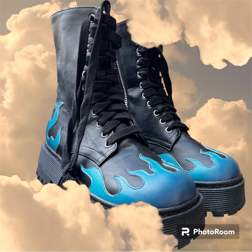 RARE! Dolls Kill Current Mood Blue Flame Combat Boots